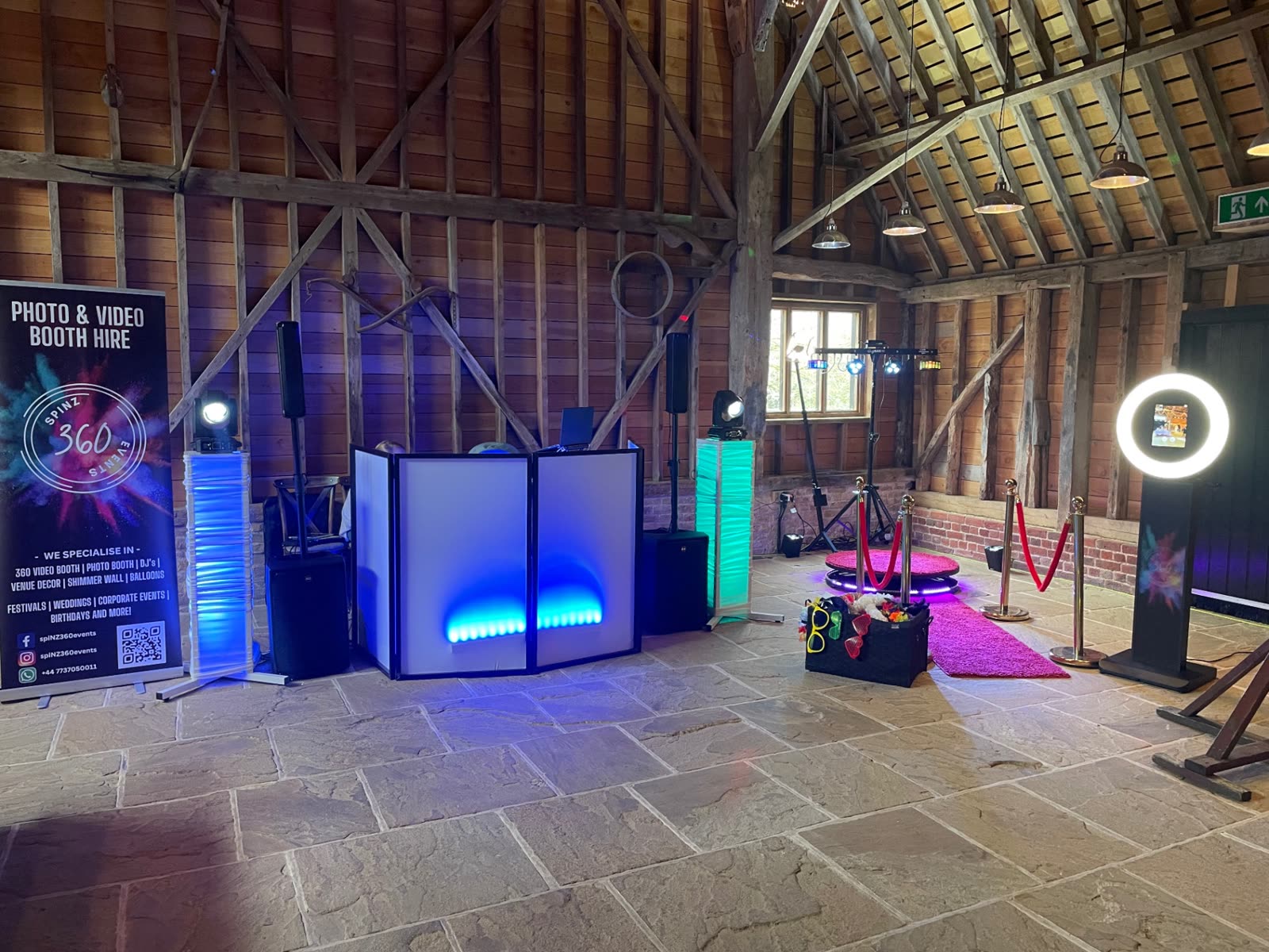 Full spiNZ 360 Events setup in a rustic barn venue